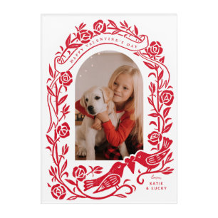 Linocut lovebirds and roses arched photo design acrylic print