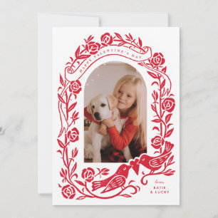 Linocut lovebirds and roses arched photo design invitation