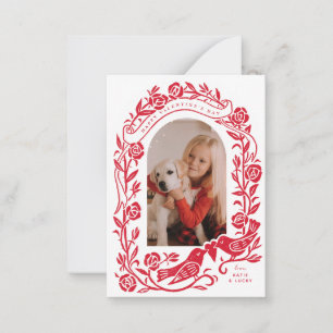 Linocut lovebirds and roses arched photo design note card