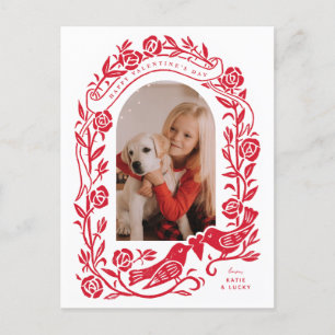 Linocut lovebirds and roses arched photo design postcard