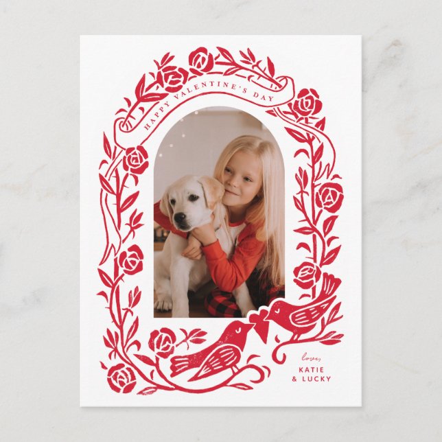 Linocut lovebirds and roses arched photo design postcard (Front)