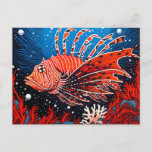 Linocut Of A Lionfish In The Coral Reef Postcard at Zazzle