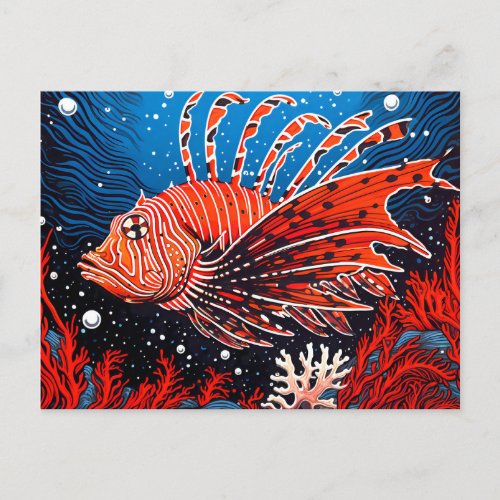 Linocut of a Lionfish in the Coral Reef Postcard