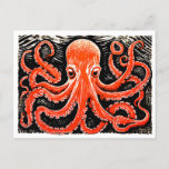 Linocut Of A Red Octopus On Black And White Bg Postcard at Zazzle