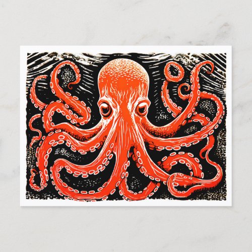 Linocut of a Red Octopus on Black and White bg Postcard