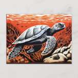 Linocut Of A Turtle Swimming Through A Coral Reef Postcard at Zazzle