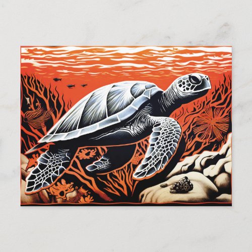 Linocut of a Turtle Swimming Through a Coral Reef Postcard