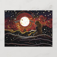 Linocut of Mermaid Gazing at the Moon in the Wave