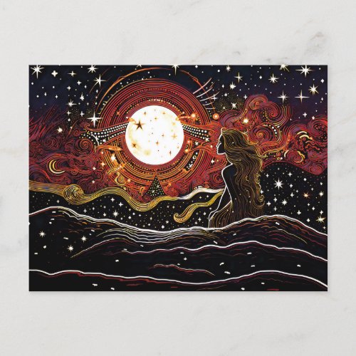 Linocut of Mermaid Gazing at the Moon in the Wave Postcard