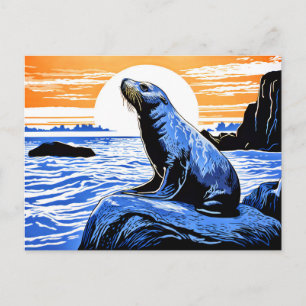 Linocut of Sea Lion on Rocks at Sunset Postcard