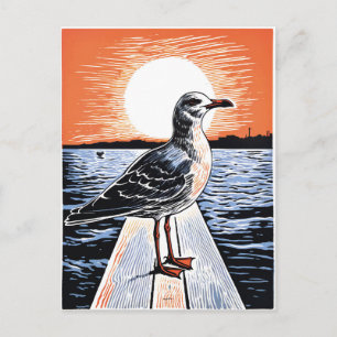 Linocut of Seagull on Pier at Sunset Postcard