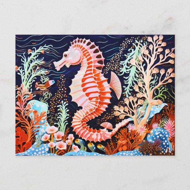Linocut of Seahorse in Coral Reef Postcard (Front)
