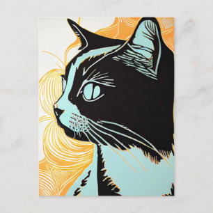 Linocut Portrait of a Cat in Profile Postcard