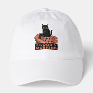 Linocut Sarcastic Black Cat Good Morning Meme Hat