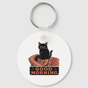Linocut Sarcastic Black Cat Good Morning Meme Keychain