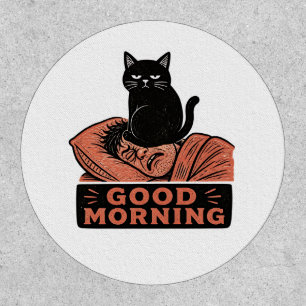 Linocut Sarcastic Black Cat Good Morning Meme Patch