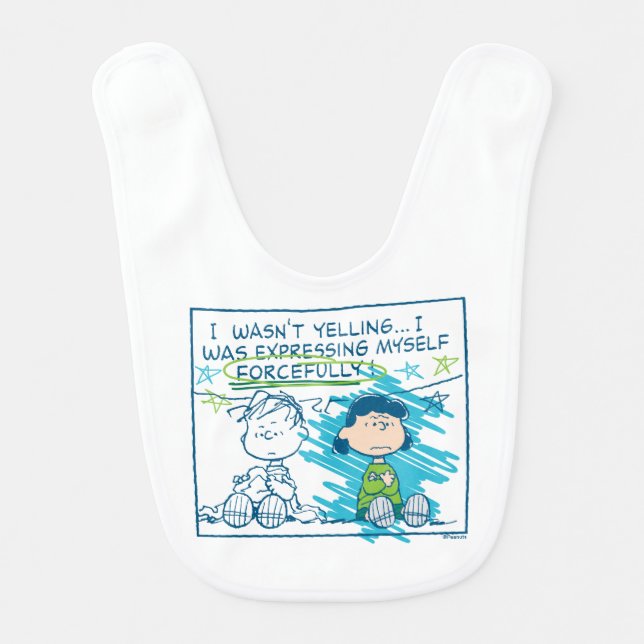 Linus & Lucy "I Wasn't Yelling…" Baby Bib (Front)