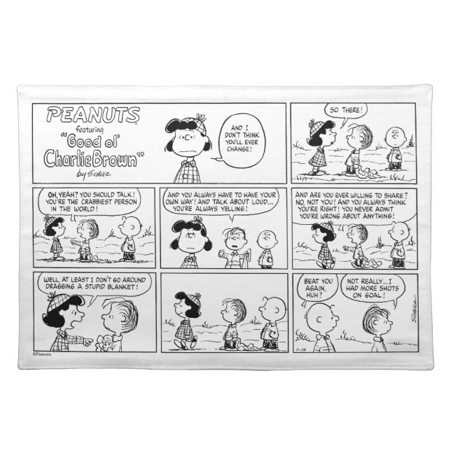 Linus Tells Lucy She's Crabby Cloth Placemat (Front)