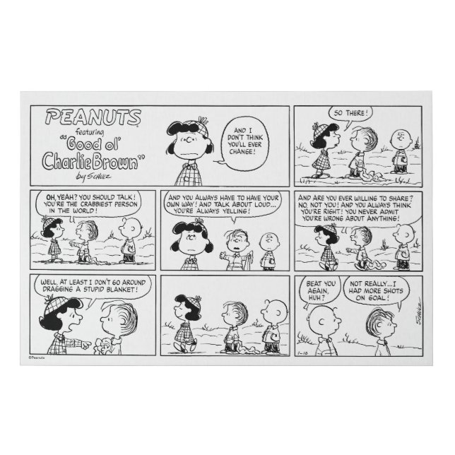Linus Tells Lucy She's Crabby Faux Canvas Print (Front)