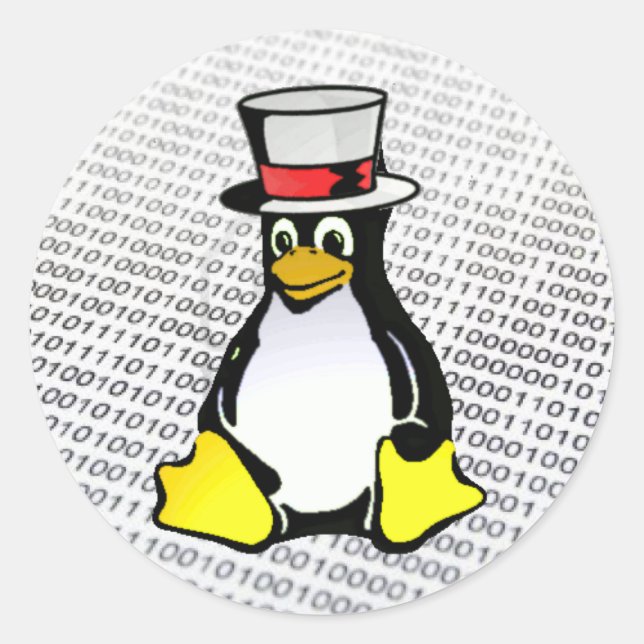 Linux Logo Tux Penguin Top Hat Binary Ubuntu Classic Round Sticker (Front)
