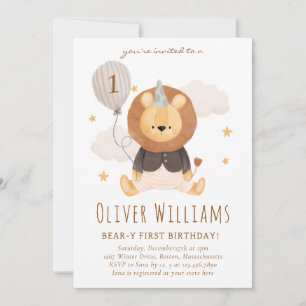 lion 1st birthday blue balloon invitation