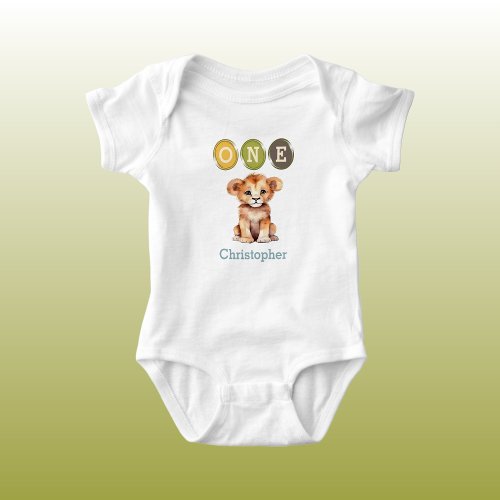 Lion 1st Birthday one with name blue Baby Bodysuit