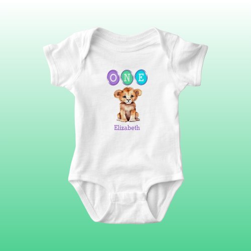 Lion 1st Birthday one with name purple Baby Bodysuit
