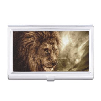 Lion Against Stormy Sky Business Card Case by wildlifecollection at Zazzle