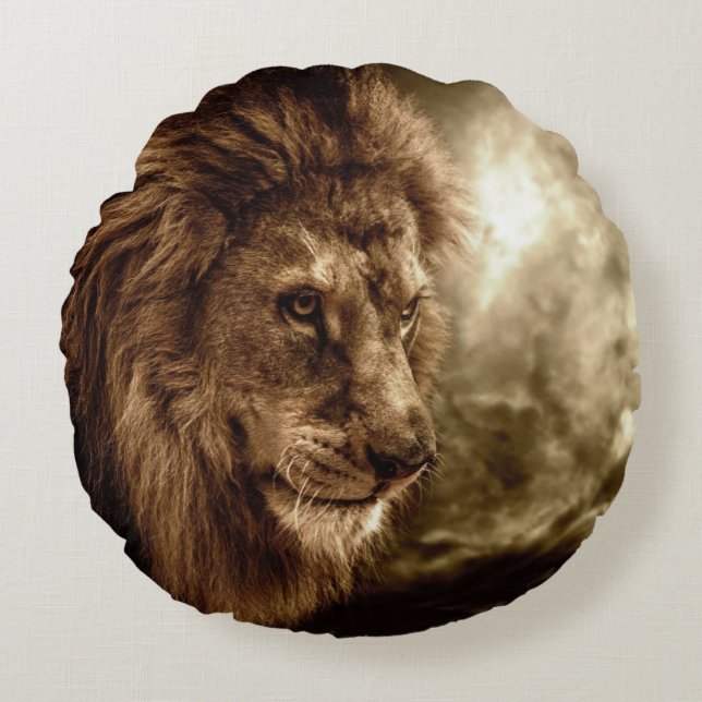 Lion against stormy sky round pillow (Front)