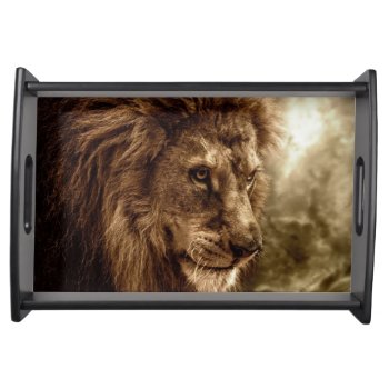 Lion Against Stormy Sky Serving Tray by wildlifecollection at Zazzle