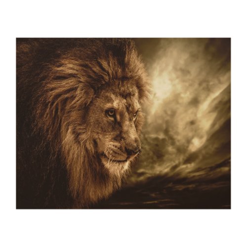 Lion against stormy sky wood wall art