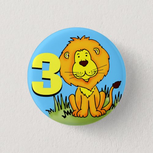 Lion age 3 birthday button orange yellow blue