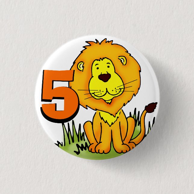 Lion age 5 birthday orange & yellow button (Front)