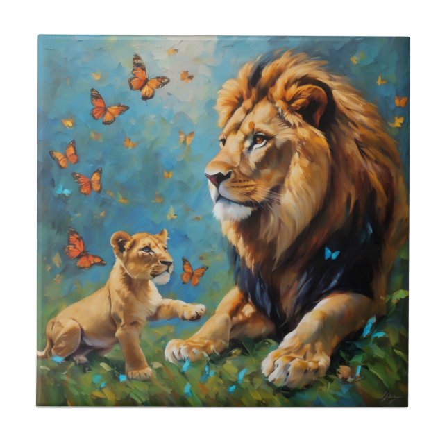 Lion And Cub Ceramic Tile (Front)