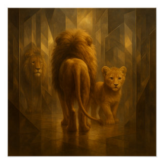 Lion and Cub in a Golden Mirror Maze – GeoWild Art Poster