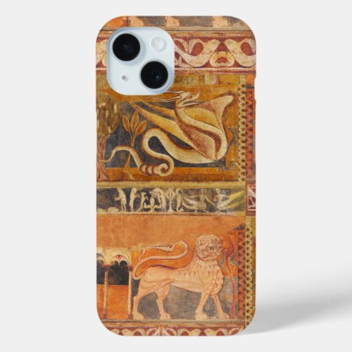 LION AND DRAGON Medieval Fresco in Yellow Orange iPhone 15 Case