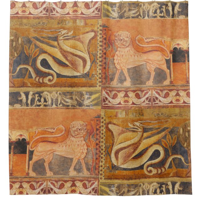 LION AND DRAGON Medieval Fresco in Yellow Orange Shower Curtain (Front)