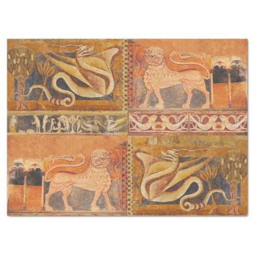 LION AND DRAGON Medieval Fresco in Yellow Orange Tissue Paper