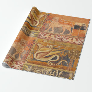 LION AND DRAGON Medieval Fresco in Yellow Orange Wrapping Paper