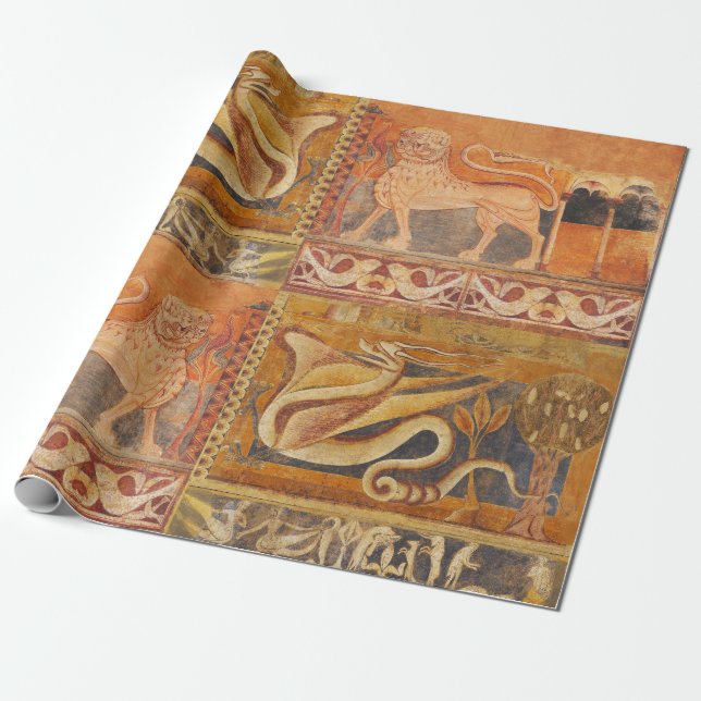 LION AND DRAGON Medieval Fresco in Yellow Orange Wrapping Paper (Unrolled)