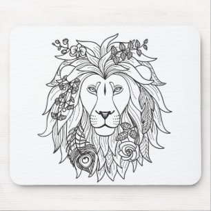Lion And Flowers Doodle Mouse Pad