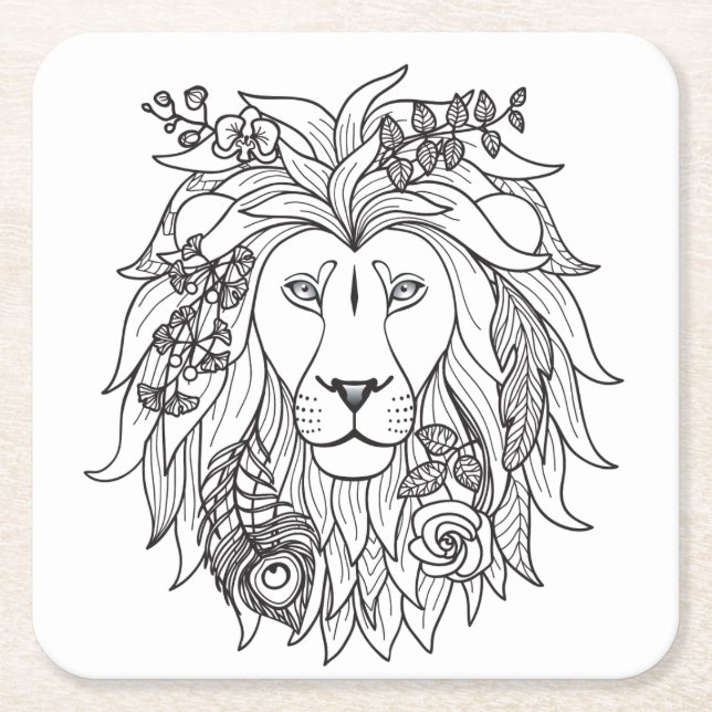 Lion And Flowers Doodle Square Paper Coaster (Front)