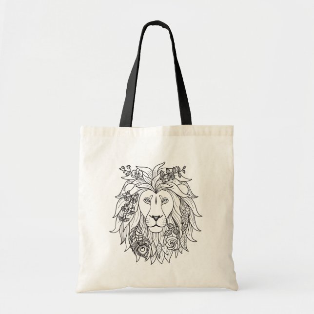 Lion And Flowers Doodle Tote Bag (Front)