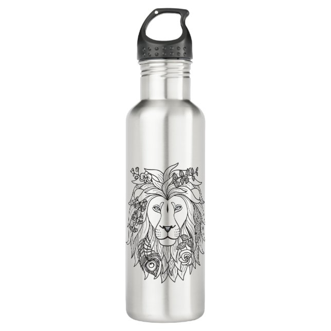 Lion And Flowers Doodle Water Bottle (Front)
