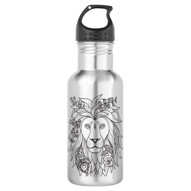 Lion And Flowers Doodle Water Bottle (Front)
