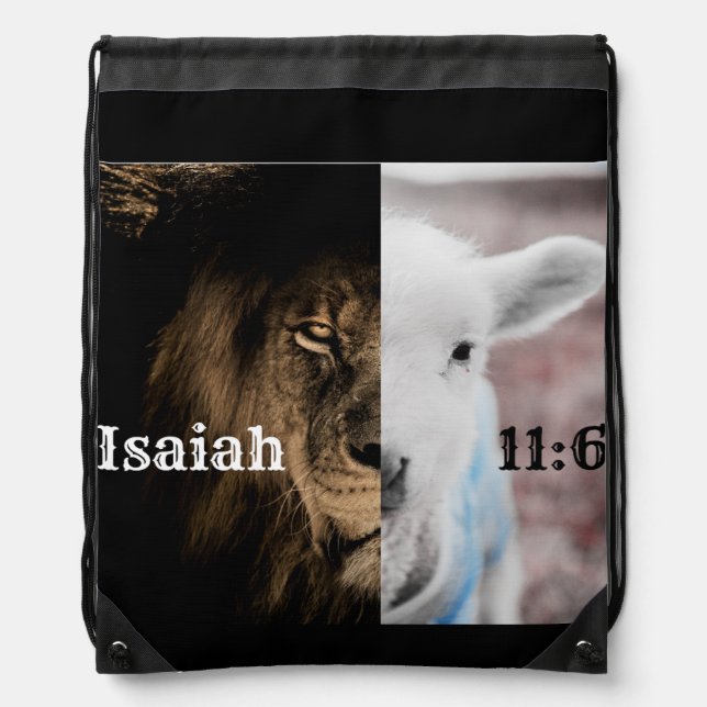 lion and lamb Bible verse drawstring backpack (Front)