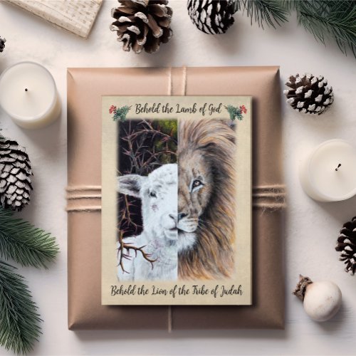 Lion and Lamb front with photo and greeting back Holiday Card