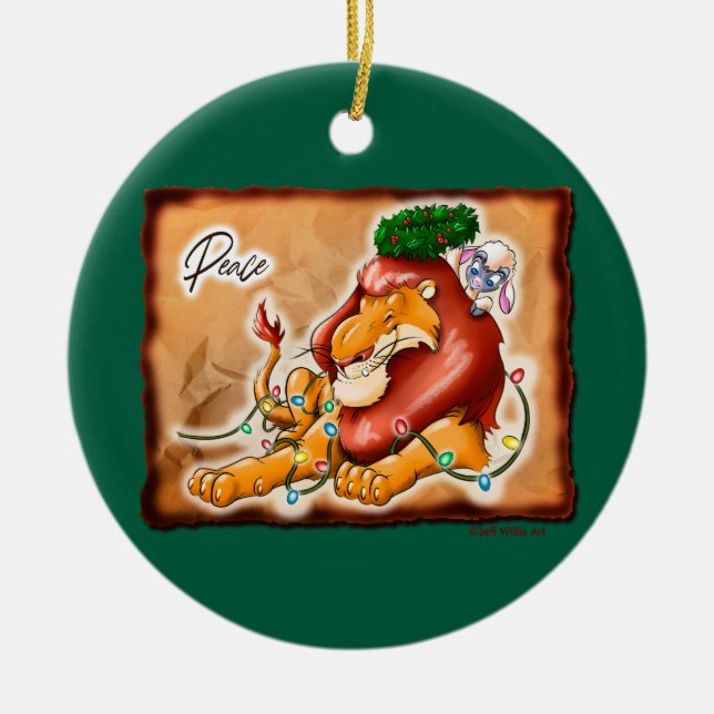 LION AND LAMB PEACE by Jeff Willis Art Ceramic Ornament (Front)