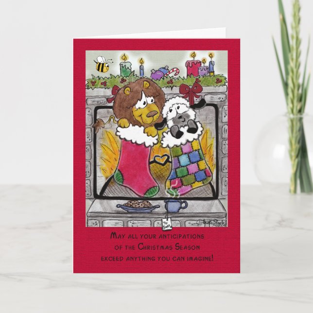 Lion and Lamb Wait for Santa Holiday Card (Front)