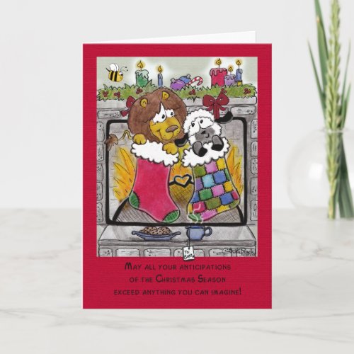 Lion and Lamb Wait for Santa Holiday Card